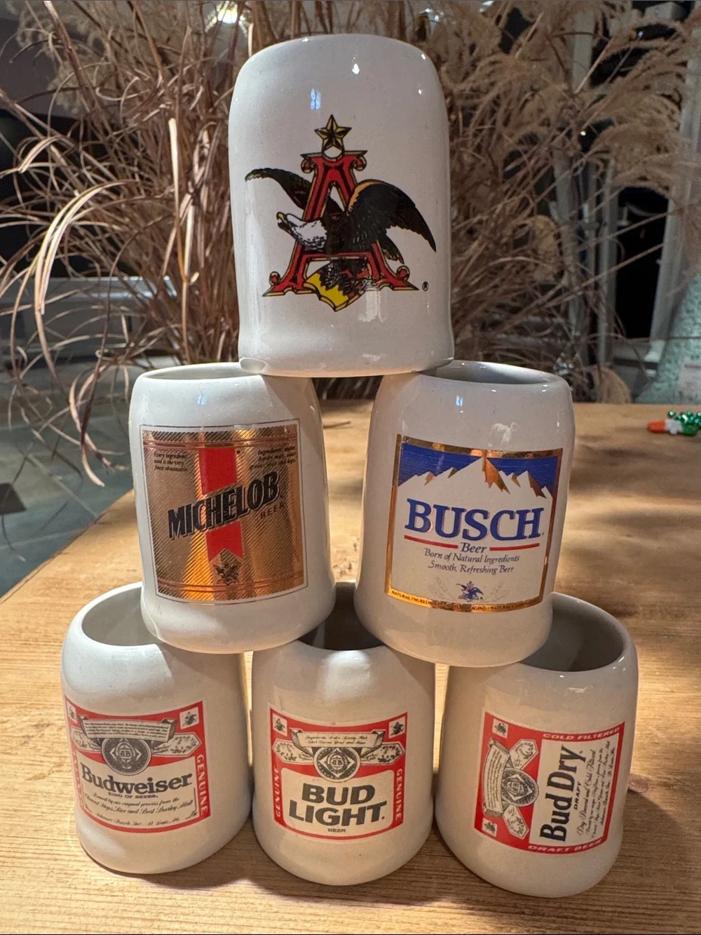 Vintage Ceramic Beer Mug Set - Assorted Brewery Logos 2.5” each